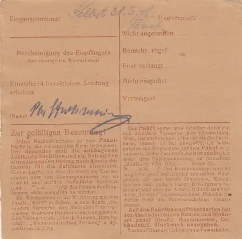 Carte de paquet 1948: Munich vers Teisendorf, carte auto-réservation avec valeur