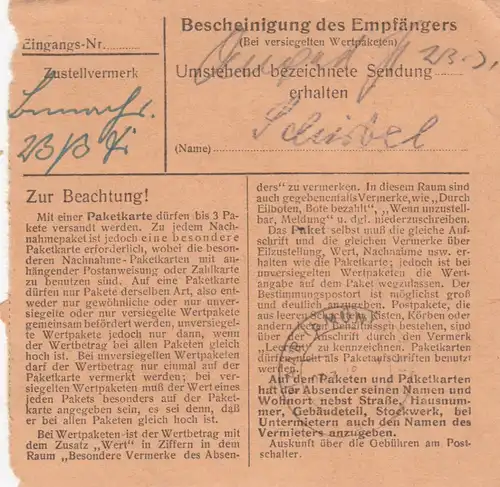 Carte de paquet 1948: machines agricoles Straubing par cheveux