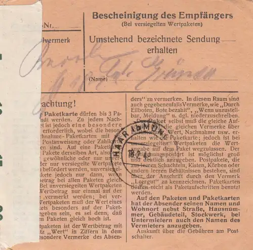 Carte de paquet 1948: Scissenkirchen selon Haar, centre de soins et de santé