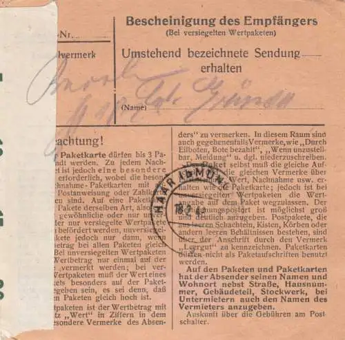 Paketkarte 1948: Scheitenkirchen nach Haar, Heil- u. Pflegeanstalt