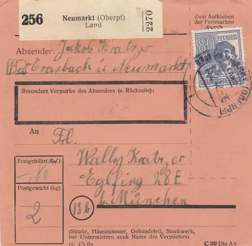 Paketkarte 1948: Neumarkt nach Eglfing
