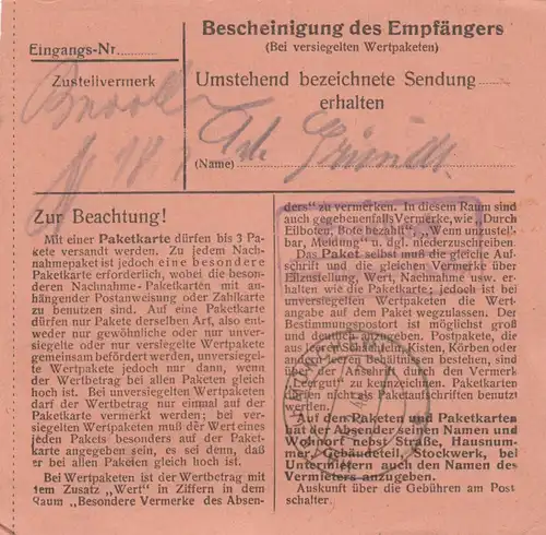 Paketkarte 1948: Neumarkt nach Eglfing