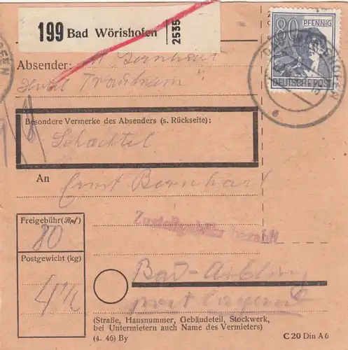 Paketkarte Bad Wörishofen nach Bad-Aibling, besonderer Vermerk: Schachtel
