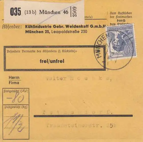Paketkarte 1948: München nach Poisendorf, Selbstbucherkarte mit Wert
