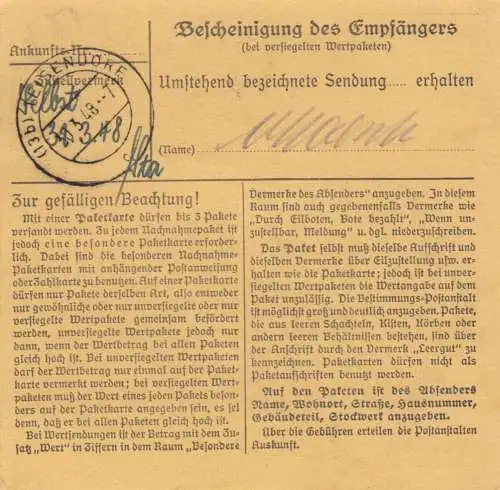 Carte de paquet 1948: Munich vers Poissondorf, carte auto-réservation avec valeur