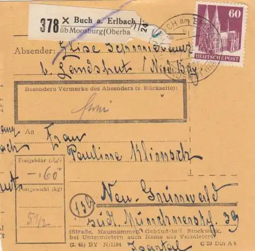 BiZone Paketkarte 1948: Buch a. Erlbach nach Neu-Grünwald