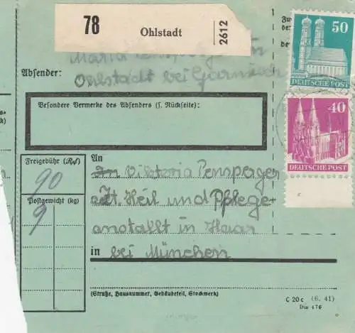 BiZone Paketkarte 1948: Ohlstadt nach Haar, Heilanstalt, seltenes Formular