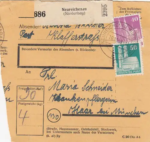 BiZone Paketkarte 1948: Neureichenau nach Haar, Krankenpflegerin