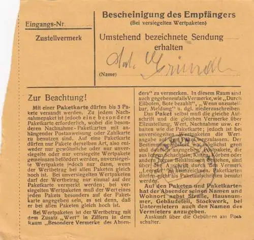 BiZone Paketkarte 1948: Neureichenau nach Haar, Krankenpflegerin