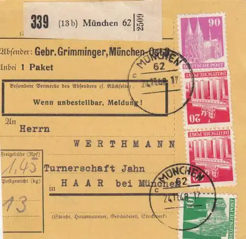 BiZone Paketkarte 1948: München nach Haar, Turnerschaft, Selbstbucherkarte