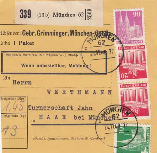 Carte de paquet BiZone 1948: Munich après Haar, gymnastique, carte de livreur automatique