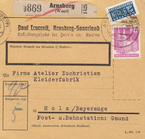 BiZone Paketkarte 1948: Arnsberg nach Holz Bayersäge, Selbstbucherkarte mit Wert