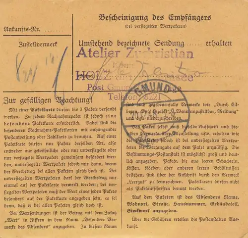 BiZone Paketkarte 1948: Arnsberg nach Holz Bayersäge, Selbstbucherkarte mit Wert