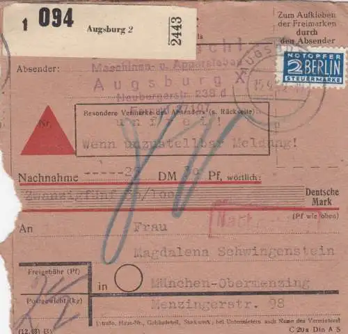 BiZone Paketkarte 1949: Augsburg nach Obermenzing, Nachgebühr, Nachnahme