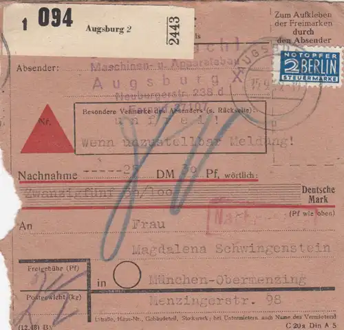 Carte de paquet BiZone 1949: Augsbourg après Obermenzing, supplément, réduction