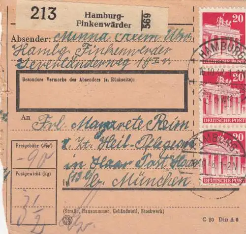 BiZone Paketkarte 1948: Hamburg-Finkenwärder nach Haar, Heilanstalt