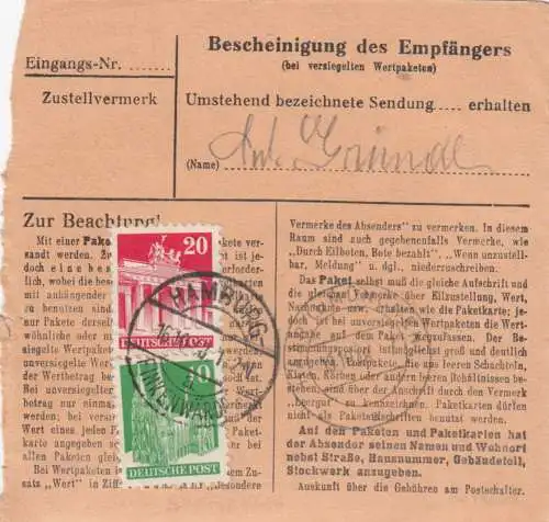 BiZone Paketkarte 1948: Hamburg-Finkenwärder nach Haar, Heilanstalt