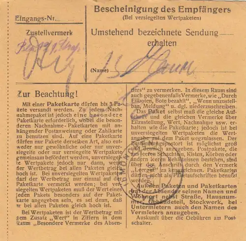 Carte de paquet BiZone 1948: Rosenheim vers Haar près de Munich