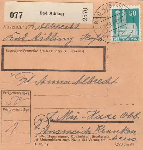 BiZone Paketkarte 1948: Bad Aibling nach München-Haar, Ausweich-Krankenhaus
