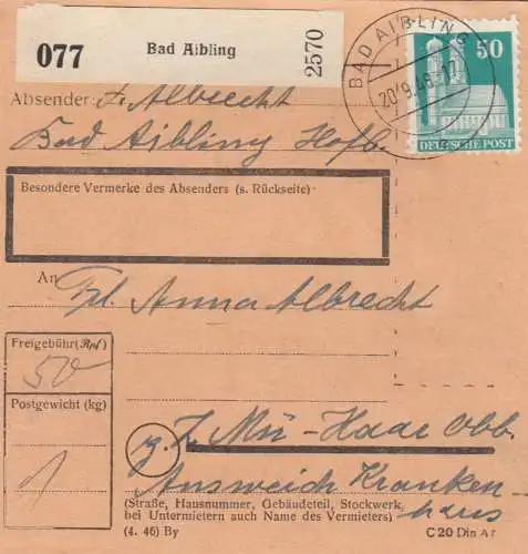 BiZone Paketkarte 1948: Bad Aibling nach München-Haar, Ausweich-Krankenhaus