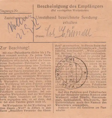 Carte de paquet BiZone 1948: Bad Aibling vers Munich-Haar, hospitalisation d'évasion