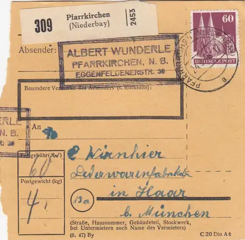 Carte de paquet BiZone 1948: Pfarrkirchen après Haar b. Munich