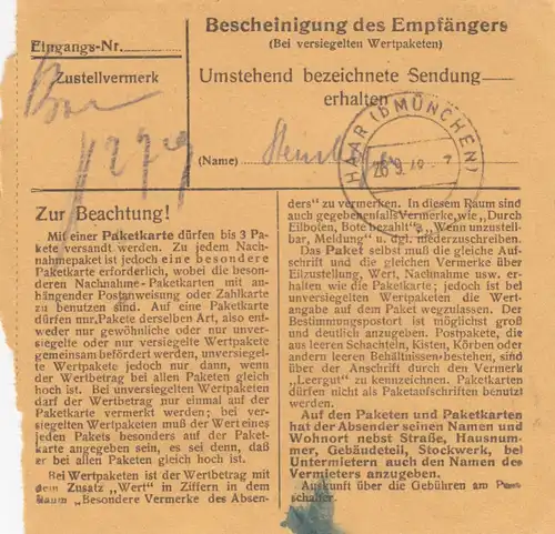 Carte de paquet BiZone 1948: Pfarrkirchen après Haar b. Munich