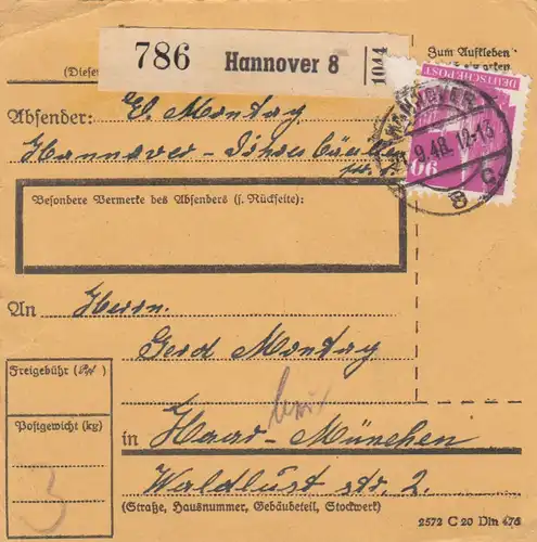 Carte de paquet BiZone 1948: Hanovre 8 selon la pièce de cheveux