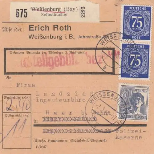 Paketkarte 1948: Weißenburg nach Haar, Selbstbucherkarte mit Wert