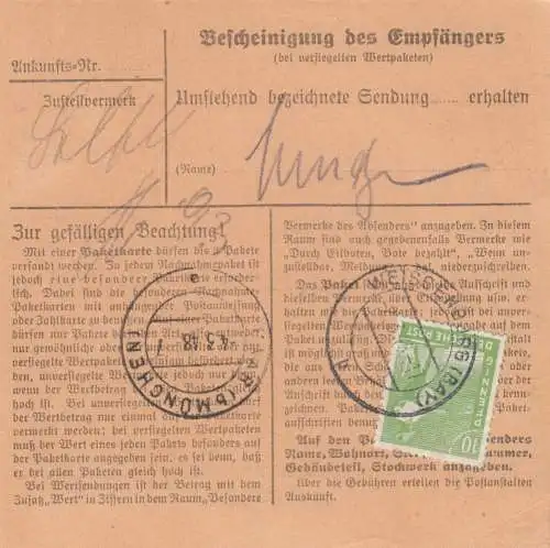 Carte de paquet 1948: Whiteenburg par cheveux, carte auto-réservation avec valeur