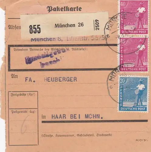 Paketkarte 1948: München nach Haar bei München