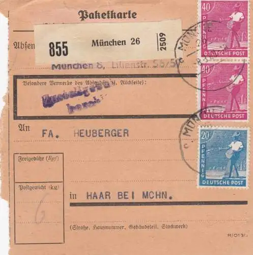 Paketkarte 1948: München nach Haar bei München