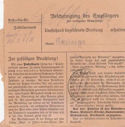 Paketkarte 1948: München nach Haar bei München