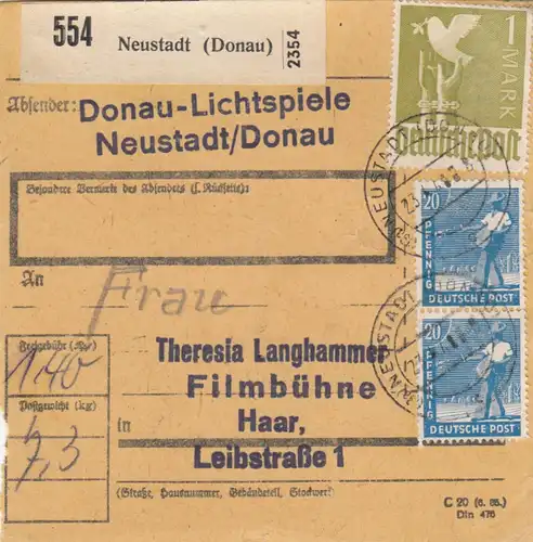 Carte de paquet 1948: Neustadt (Donau) par cheveux, scène de film