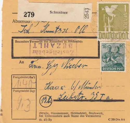 Paketkarte 1948: Schnaitsee nach Haar b. München