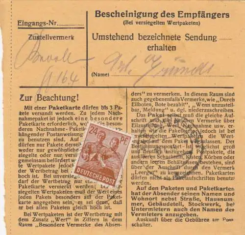 Paketkarte 1948: Schnaitsee nach Haar b. München