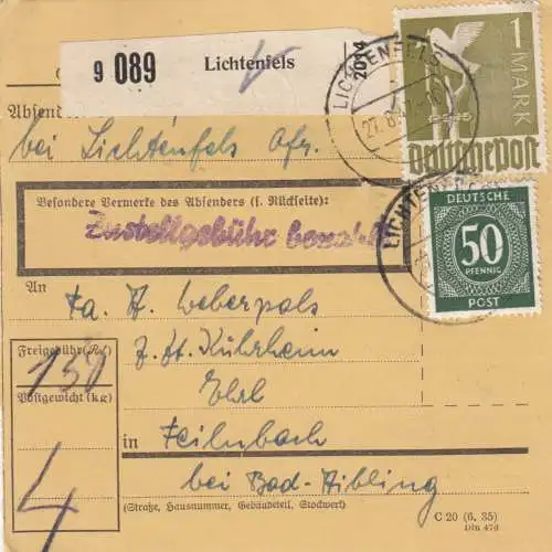 Carte de paquet 1947: Lichtenfels vers Feilnbach bei Bad-Aibling