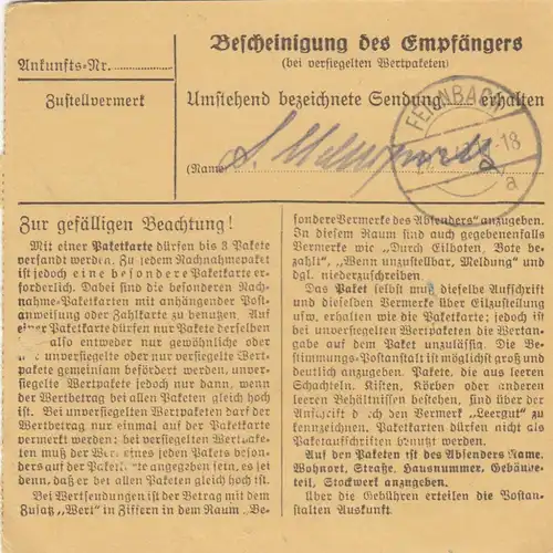 Carte de paquet 1947: Lichtenfels vers Feilnbach bei Bad-Aibling