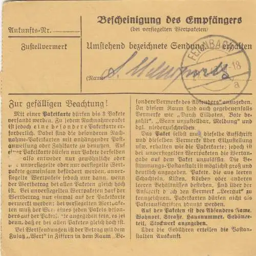 Paketkarte 1947: Lichtenfels nach Feilnbach bei Bad-Aibling