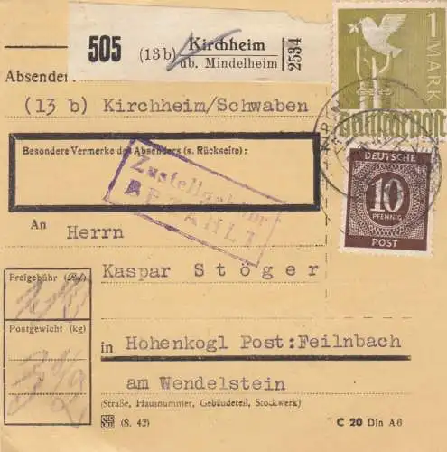 Paketkarte 1947: Kirchheim üb. Mindelheim nach Hohenkogl, Post Feilnbach