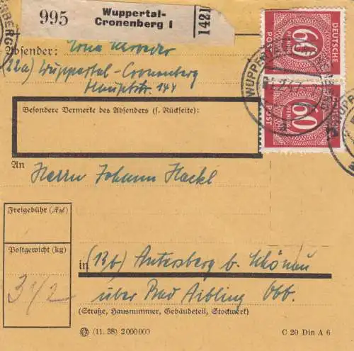 Paketkarte 1947 Wuppertal-Cronenberg nach Antersau/Schönau über B.Aibling