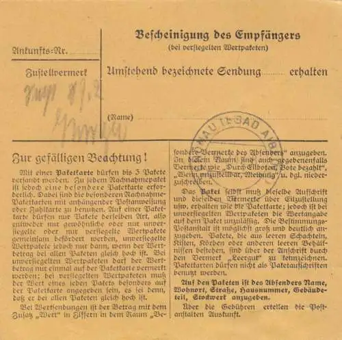 Paketkarte 1947 Wuppertal-Cronenberg nach Antersau/Schönau über B.Aibling