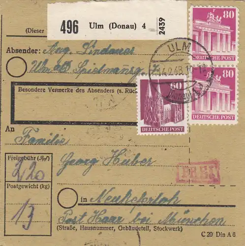 Carte de paquet BiZone 1948: Ulm vers Neukeferloh