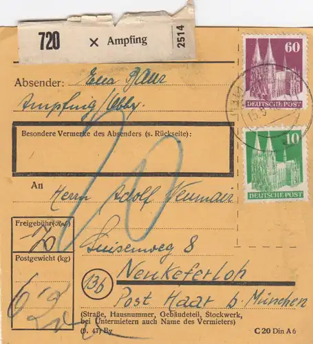 BiZone Paketkarte 1948: Ampfing nach Neukeferloh