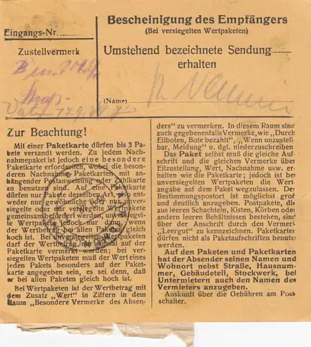 Carte de paquet BiZone 1948: A réception après Neukeferloh