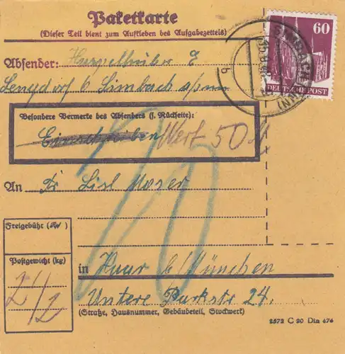 Carte de paquet BiZone 1948: Lengdorf b. Simbach après Haar