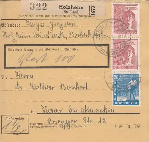 Paketkarte 1948: Holzheim nach Haar, Wertpaketkarte