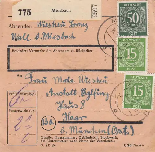 Paketkarte 1948: Miesbach nach Haar, Anstalt Eglfing