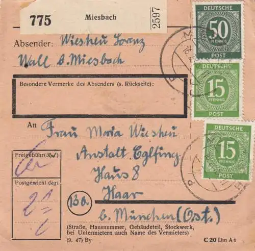 Paketkarte 1948: Miesbach nach Haar, Anstalt Eglfing