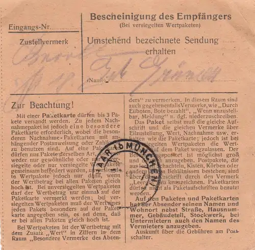 Carte de paquet 1948: Miesbach après Haar, Antalt Eglfing